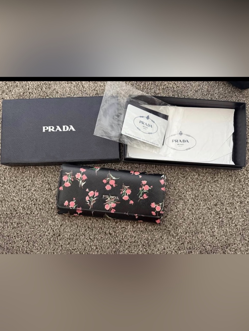 PRADA Black Floral Leather Snap Long Wallet
